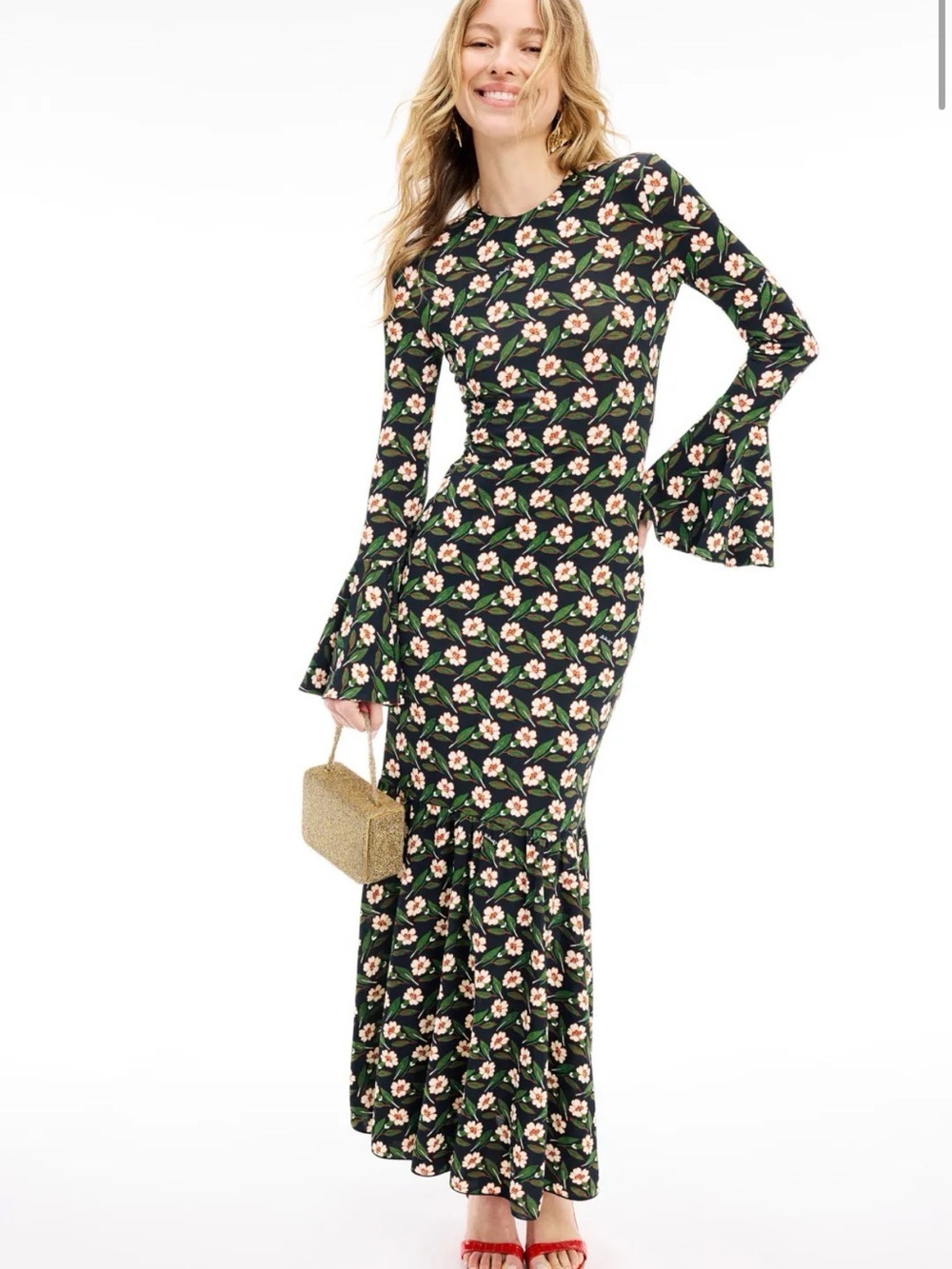LA DoubleJ Women's Green Floral Long Sleeve Maxi Dress 70s Retro *flaw